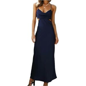 NWT Womens Fiemaoves Evening Gown Satin Silk Slip Backless Navy Maxi Dress - L